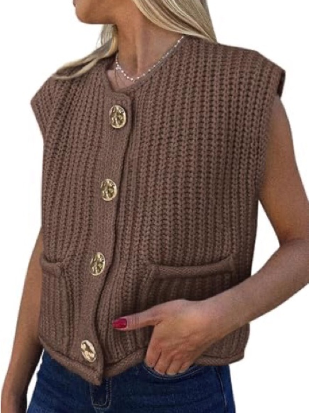 *NWOT* PrettyGarden Women’s Brown Sweater Vest with Gold Buttons, Size Medium